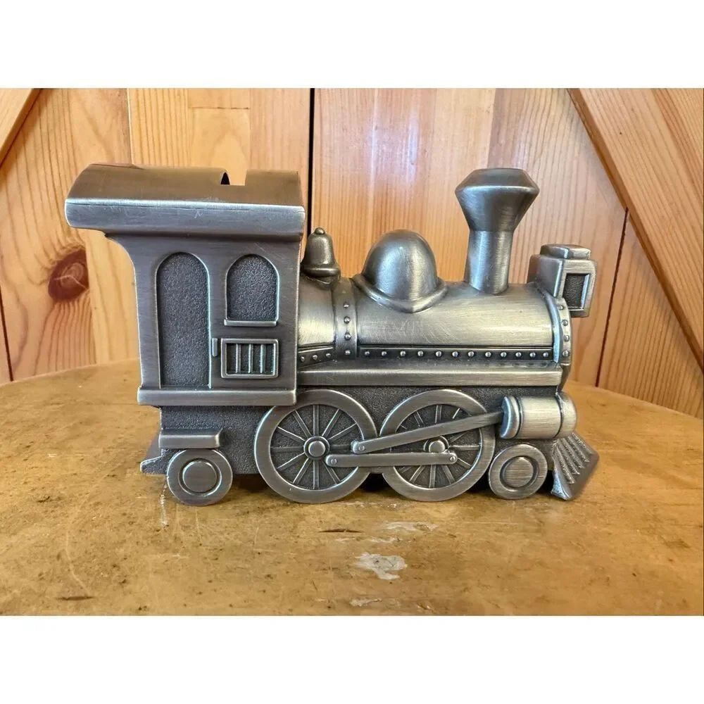 Train Locomotive Engine Metal Coin  Bank Pewter Silver Color 6" x 2" X 3.5" (636